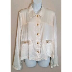 J Crew Women Ivory Gold Button Satin‎ Collared Pocket Blouse Size L